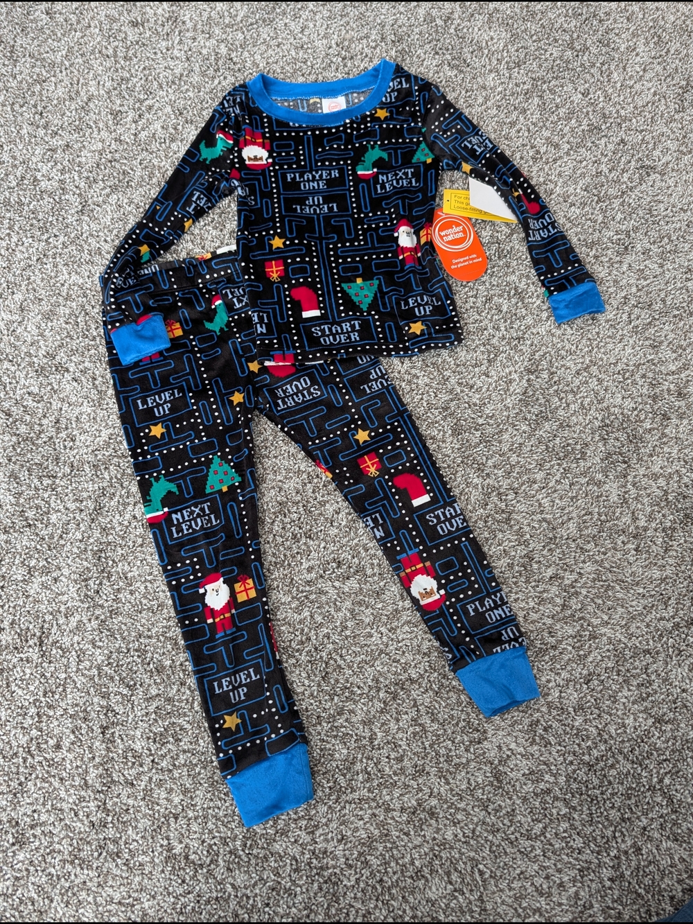 wonder nation Black Video Game Holiday Pajama Set with Bright Blue Trim